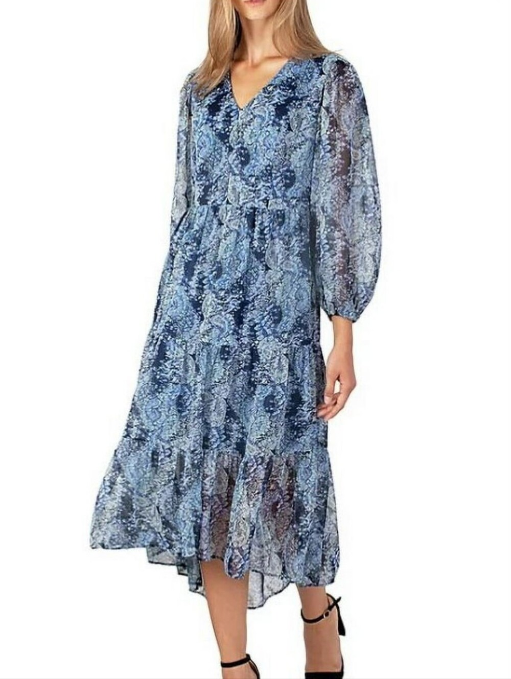 Joie Blue Parisian Paisley Tiered Balloon Sleeve Midi Dress